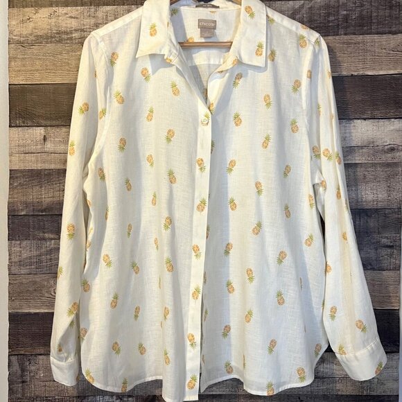 Chico's White Linen No Iron Pineapple Button Up Shirt 16/18 Summer Office Vacay - Picture 1 of 6
